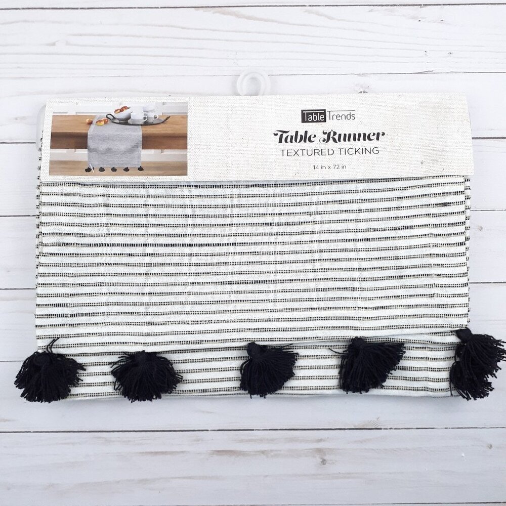 Table Runner 14x72 Textured Ticking Black White Stripe Fringe